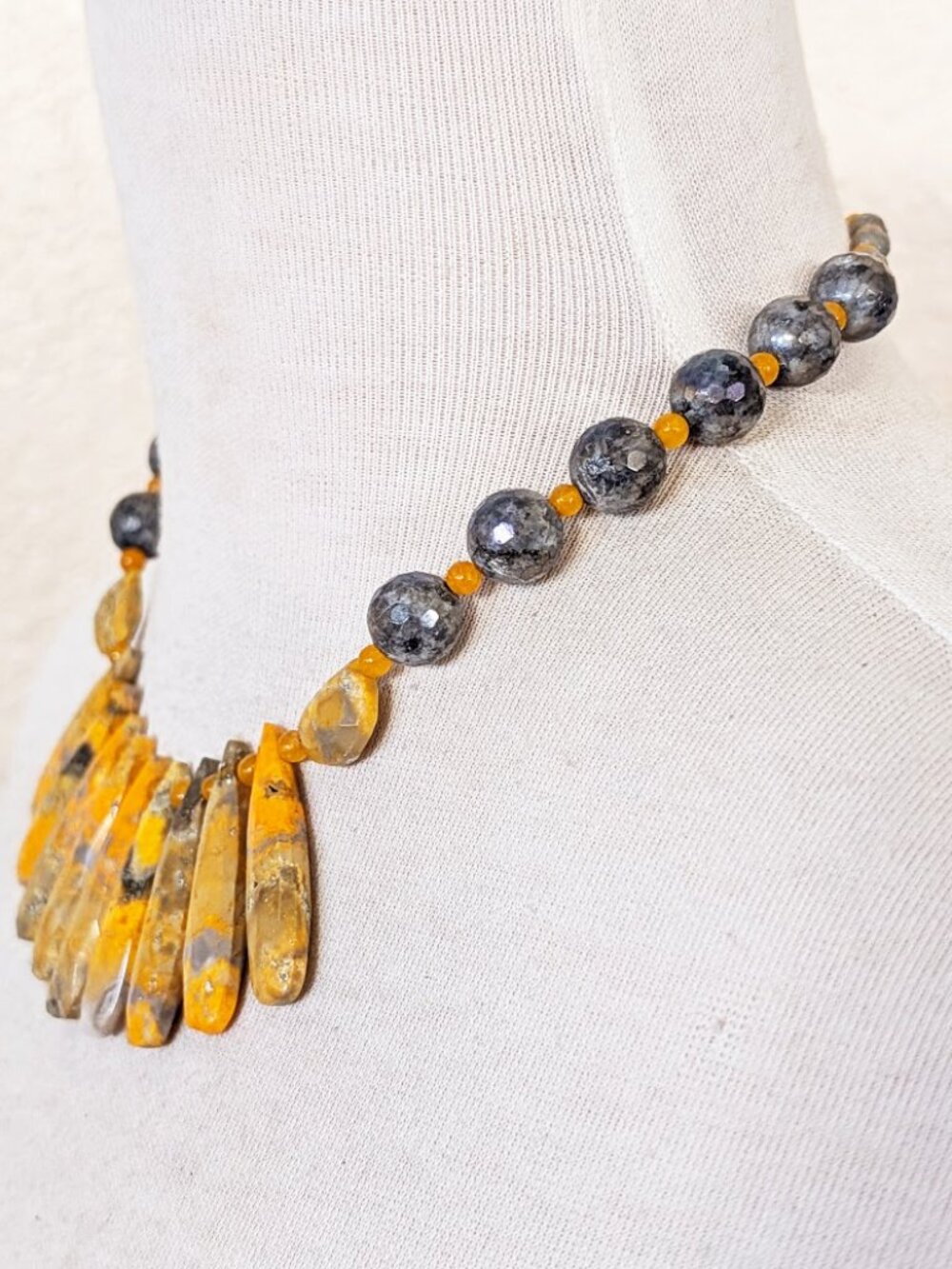 Boho Mustard Yellow & Steel Gray Mystique Larvikite & Bumblebee Jasper Necklace - Picture 2 of 3